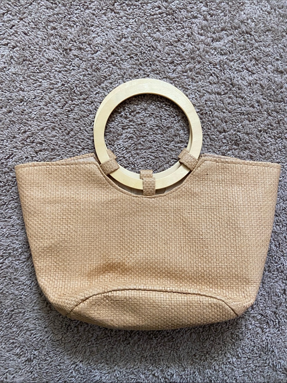Beige Woven Tote with Round Light Wood Handles